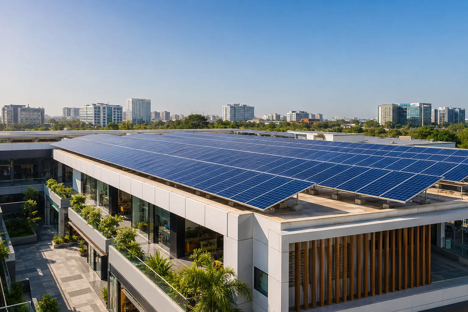 Solar panels installed on a modern commercial building